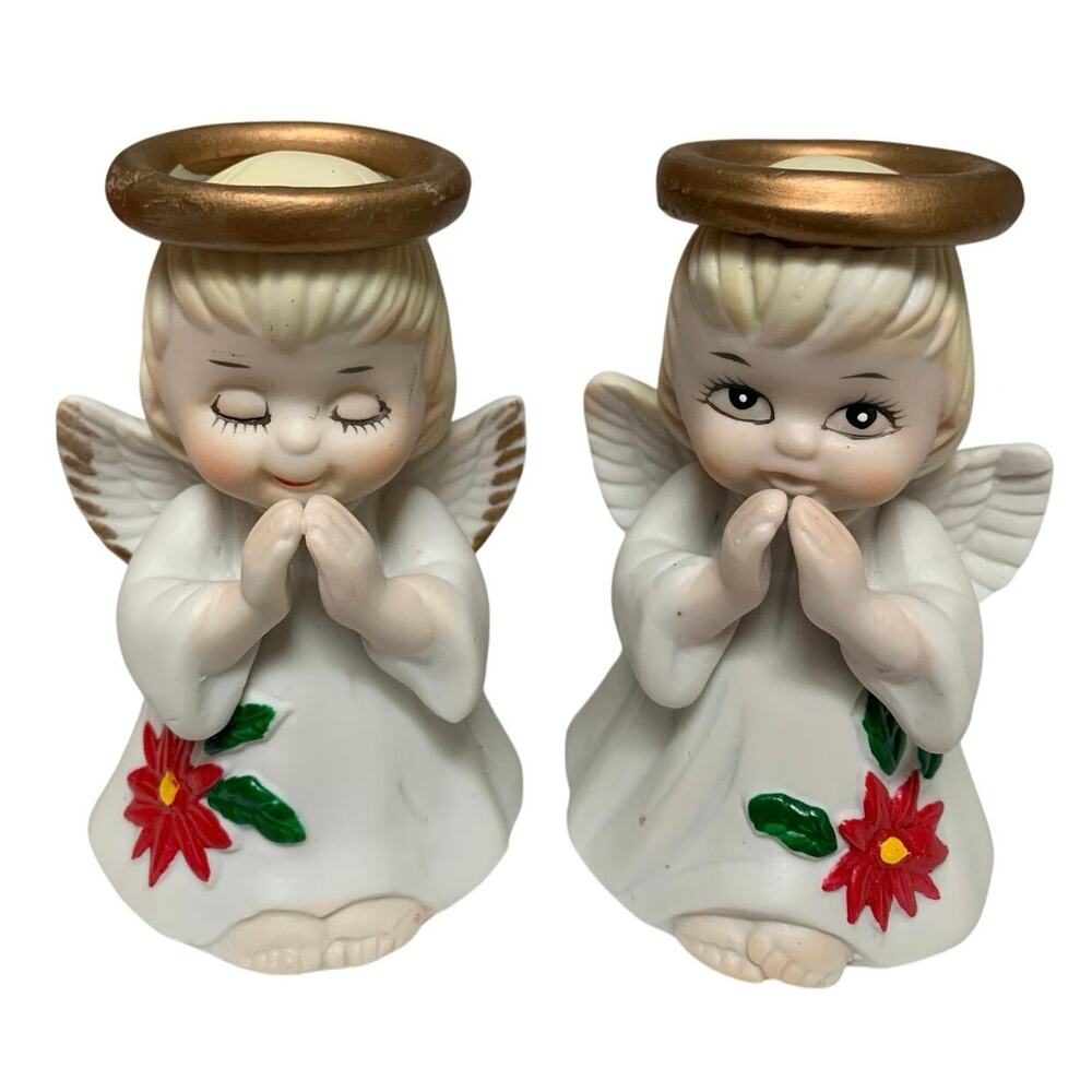 Two Praying Angels Bells Poinsettia Gown Gold Halos Porcelain VTG Taiwan R.O.C